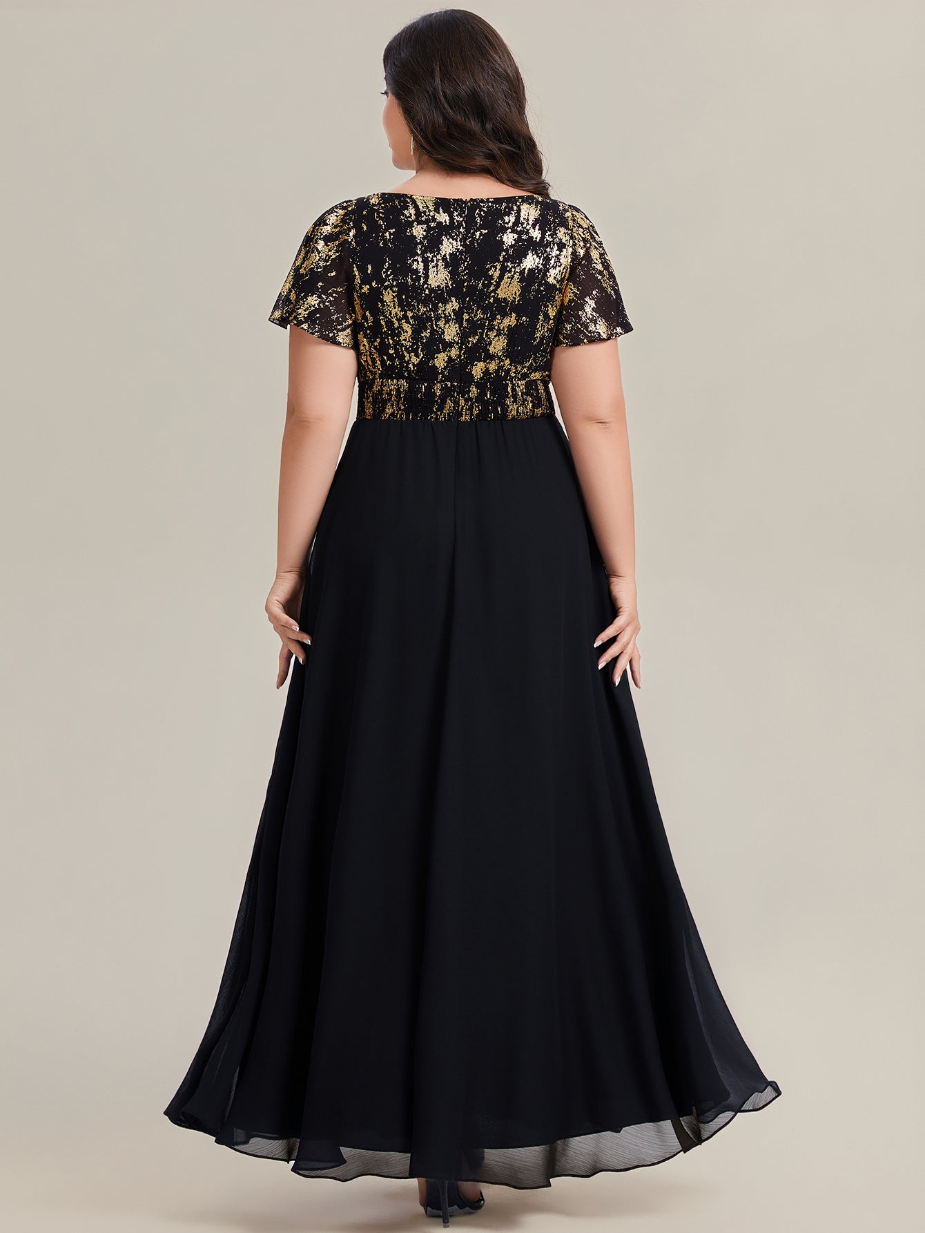 Fast Delivery Plus Size Short Sleeve Ruffle Deep V-Neck A-Line Floor Length Evening Dresses