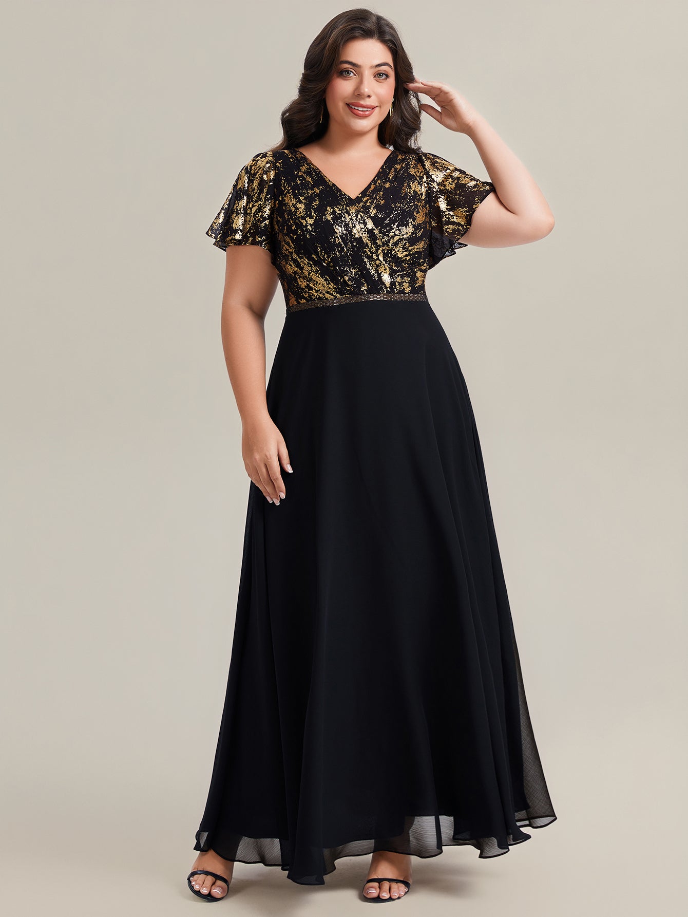 Fast Delivery Plus Size Short Sleeve Ruffle Deep V-Neck A-Line Floor Length Evening Dresses
