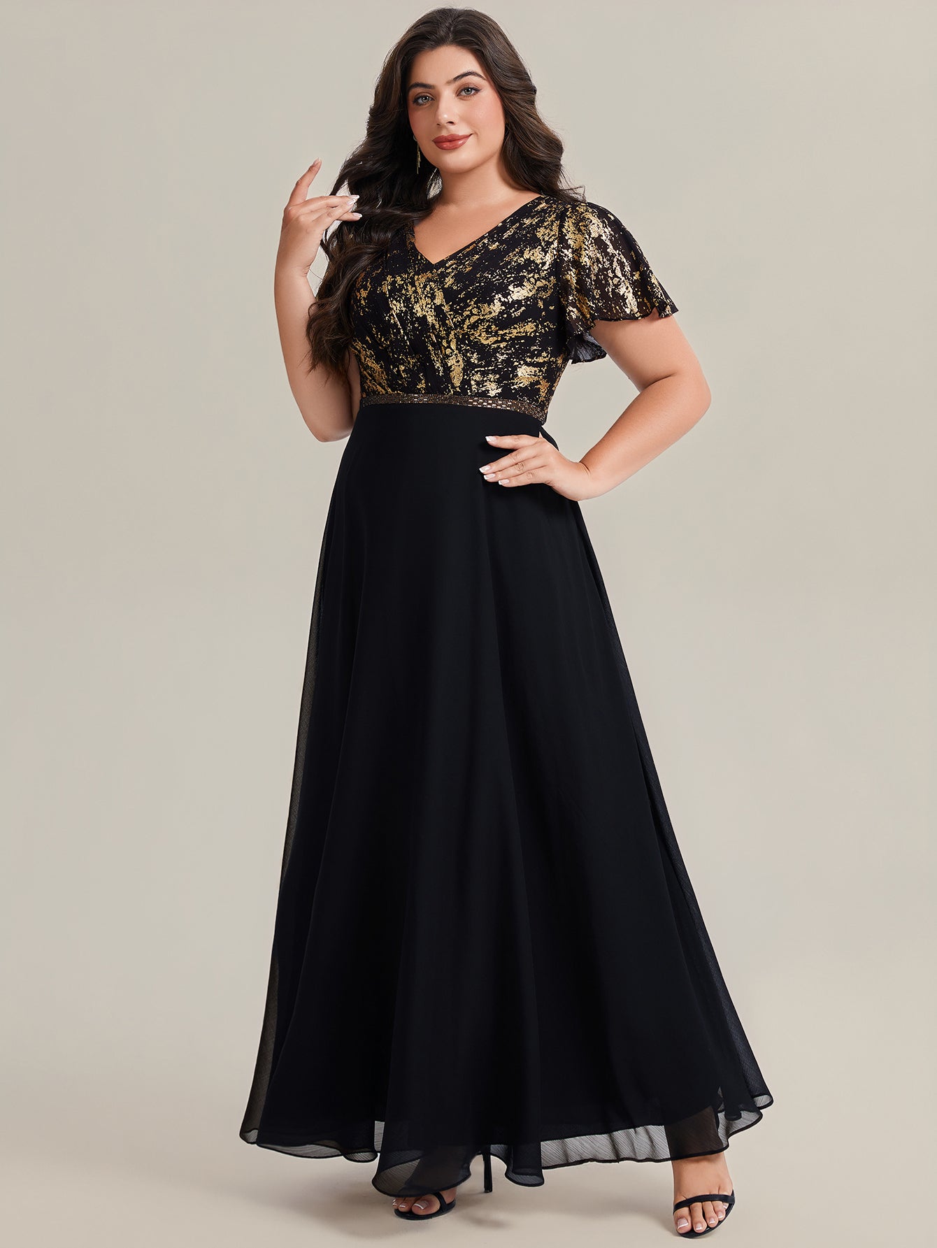 Fast Delivery Plus Size Short Sleeve Ruffle Deep V-Neck A-Line Floor Length Evening Dresses