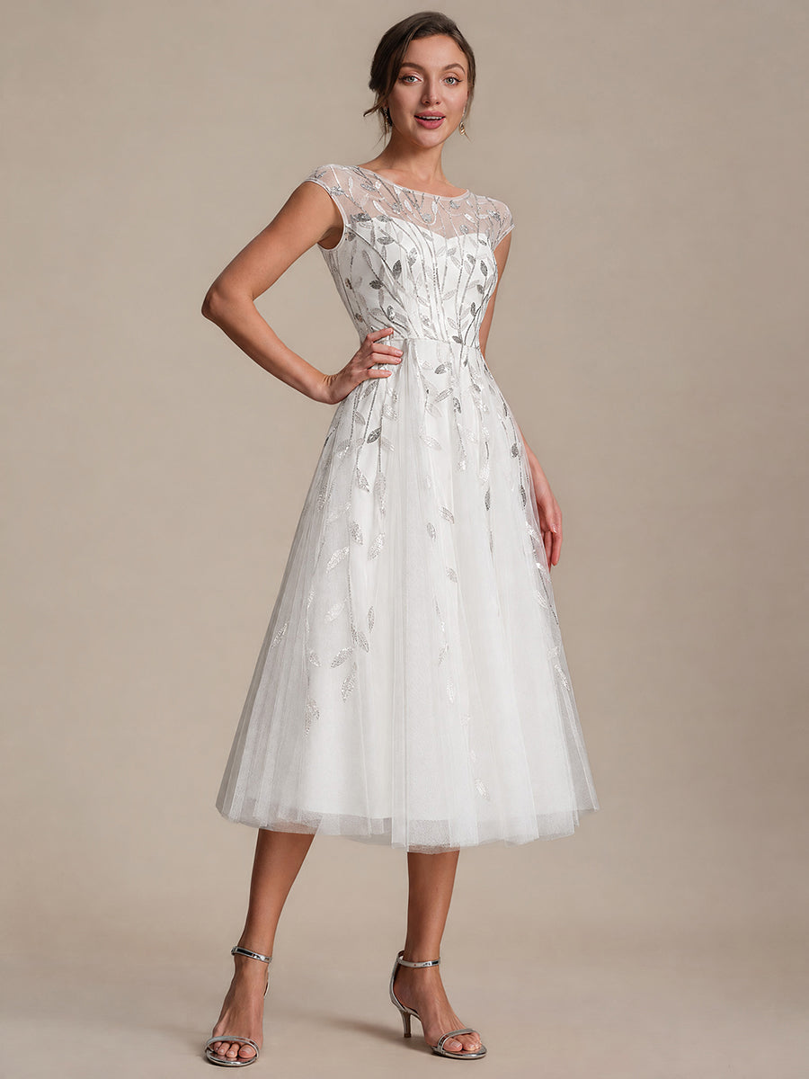 Color=White | Industrial Use Cap Sleeve See-through Patchwork A-Line Tea Length Wedding Guest Dresses-White
