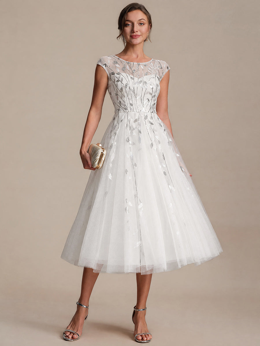 Color=White | Industrial Use Cap Sleeve See-through Patchwork A-Line Tea Length Wedding Guest Dresses-White