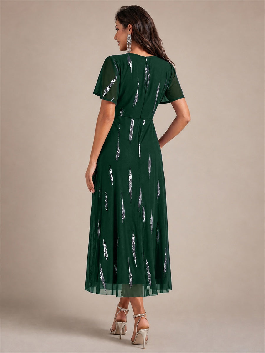 Color=Dark Green | Factory Design Short Sleeve Ruffle Sheath V-Neck High Stretch Wedding Guest Dresses-Dark Green