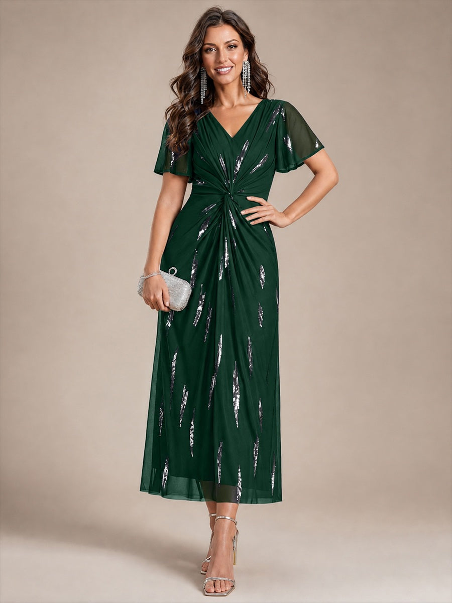 Color=Dark Green | Factory Design Short Sleeve Ruffle Sheath V-Neck High Stretch Wedding Guest Dresses-Dark Green