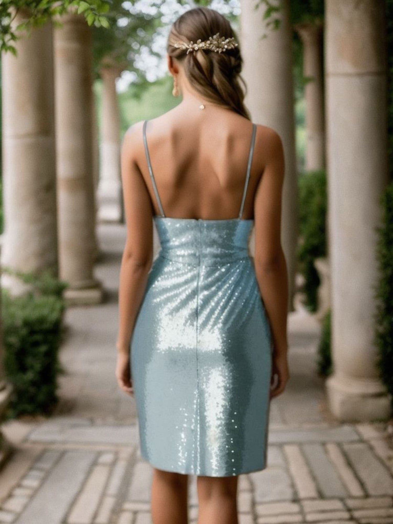 Stunning Sequin Spaghetti Straps Homecoming Dress#color_Dusty Blue