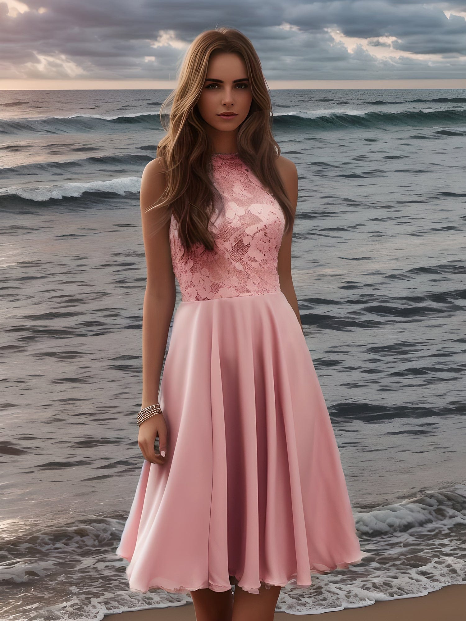 Mini Lace Halter Neck Backless Chiffon Homecoming Dress#color_Pink