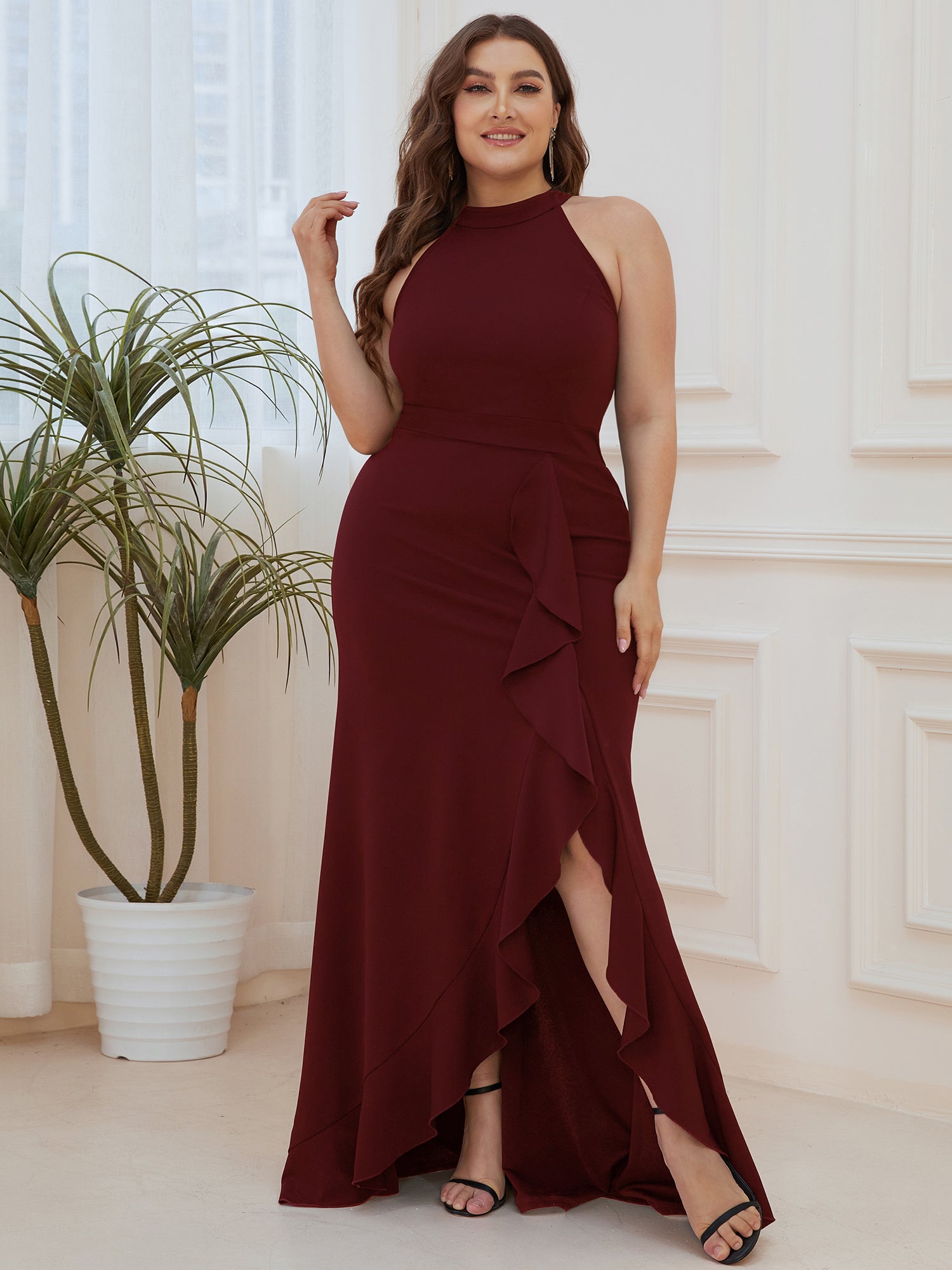 Color=Burgundy | Sleeveless Pencil Wholesale Evening Dresses with Halter Neck-Burgundy 2