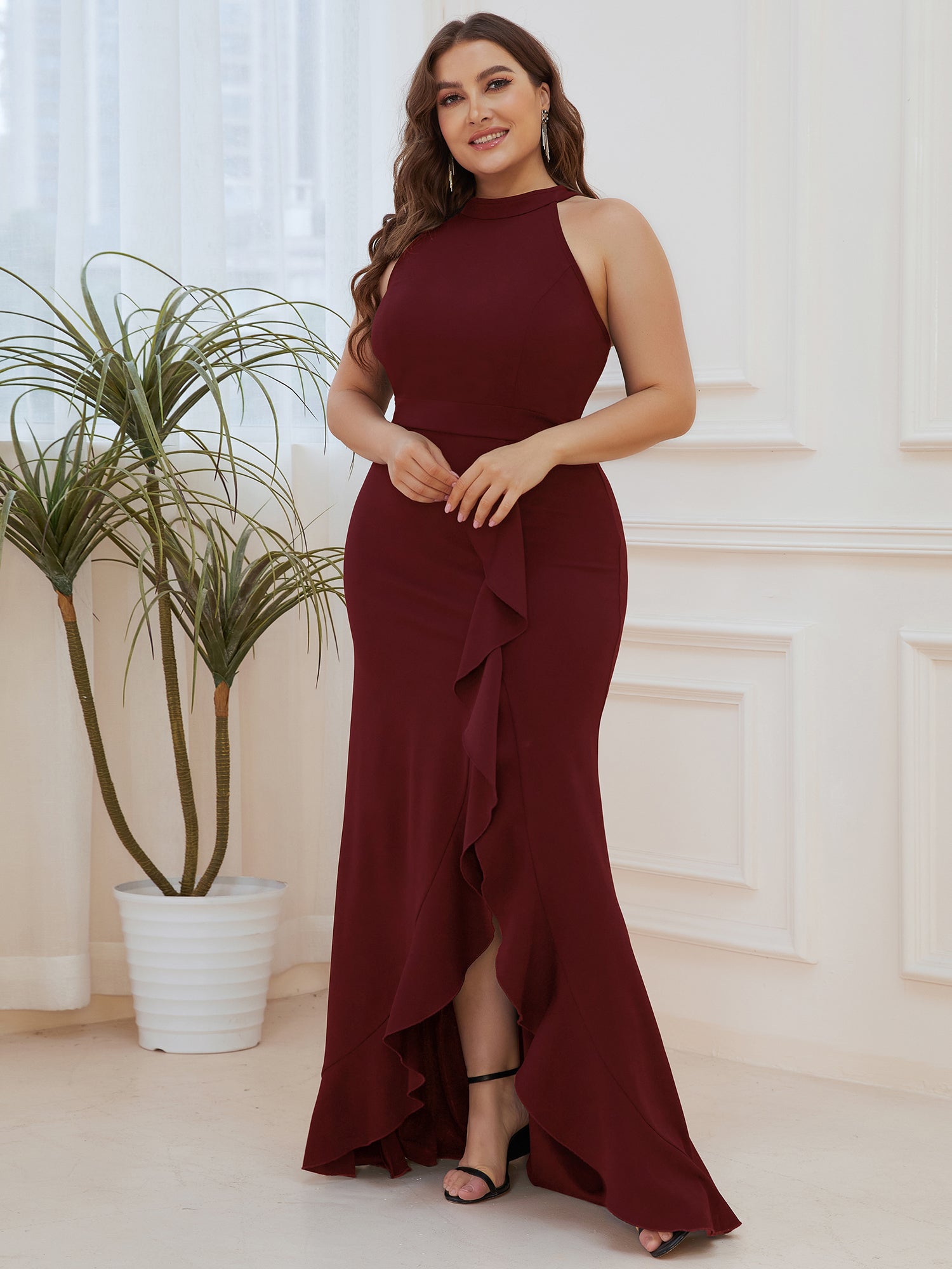 Color=Burgundy | Sleeveless Pencil Wholesale Evening Dresses with Halter Neck-Burgundy 3