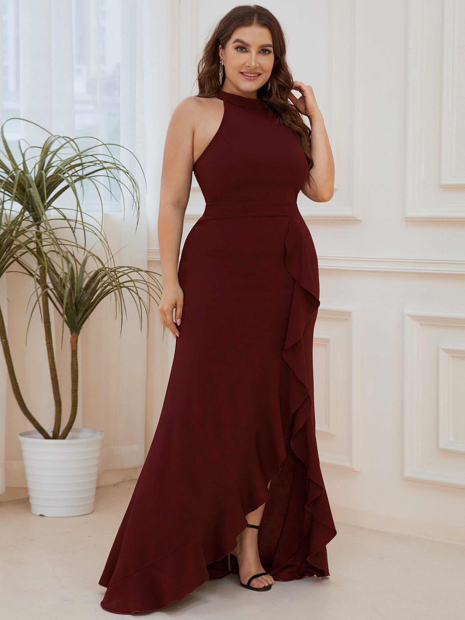 Color=Burgundy | Sleeveless Pencil Wholesale Evening Dresses with Halter Neck-Burgundy 4