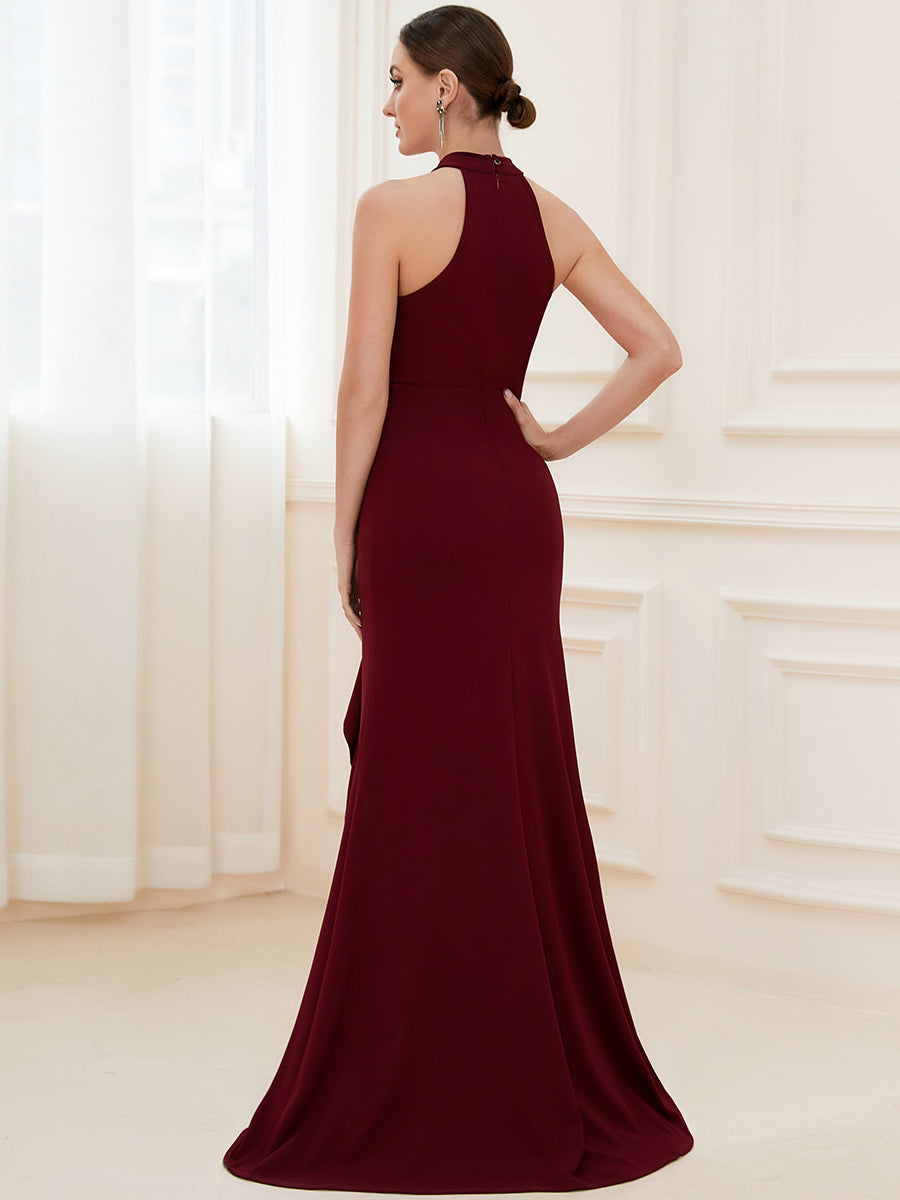 Color=Burgundy | Sleeveless Pencil Wholesale Evening Dresses with Halter Neck-Burgundy 4