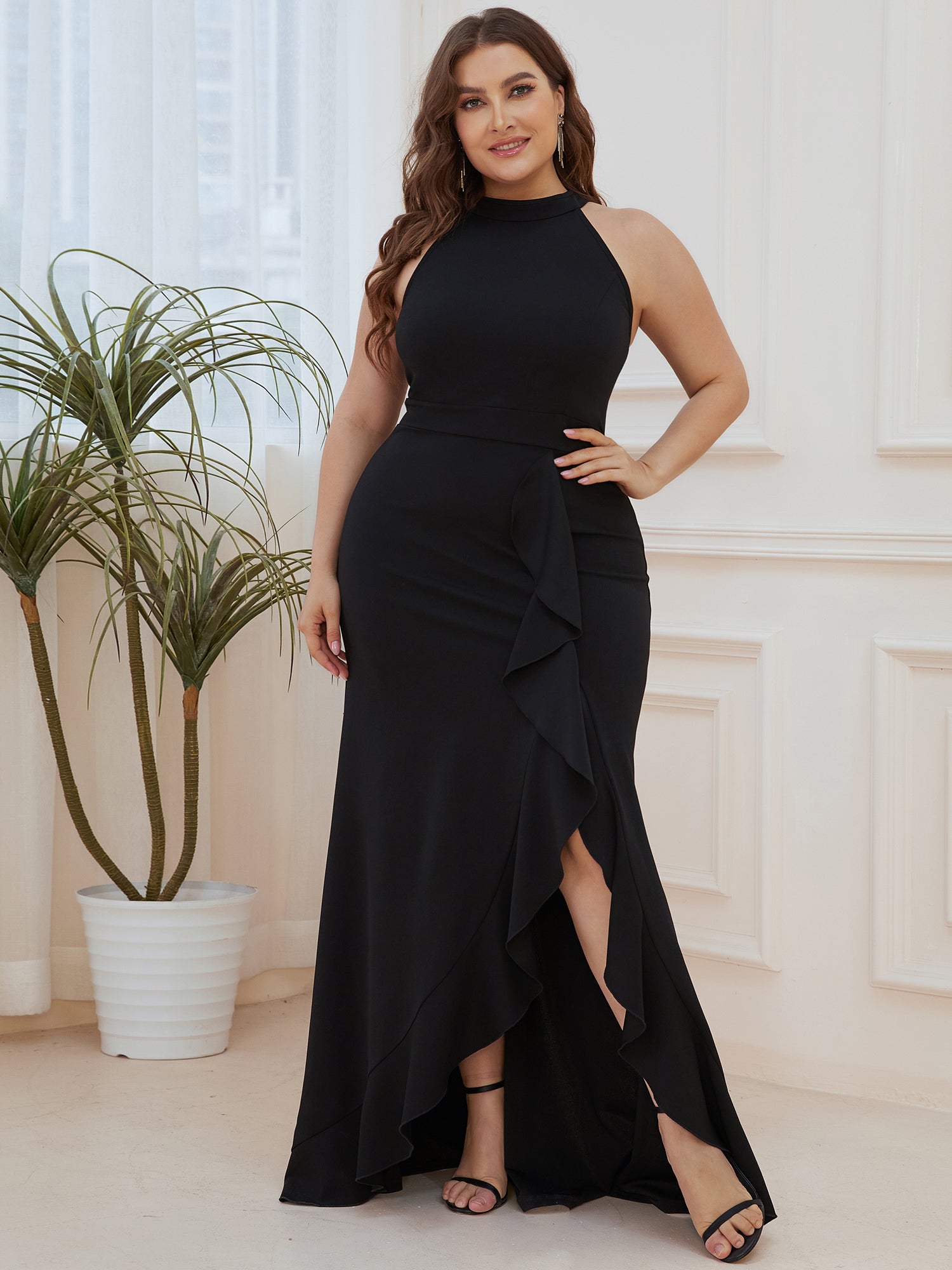 Color=Black | Sleeveless Pencil Wholesale Evening Dresses with Halter Neck-Black 1