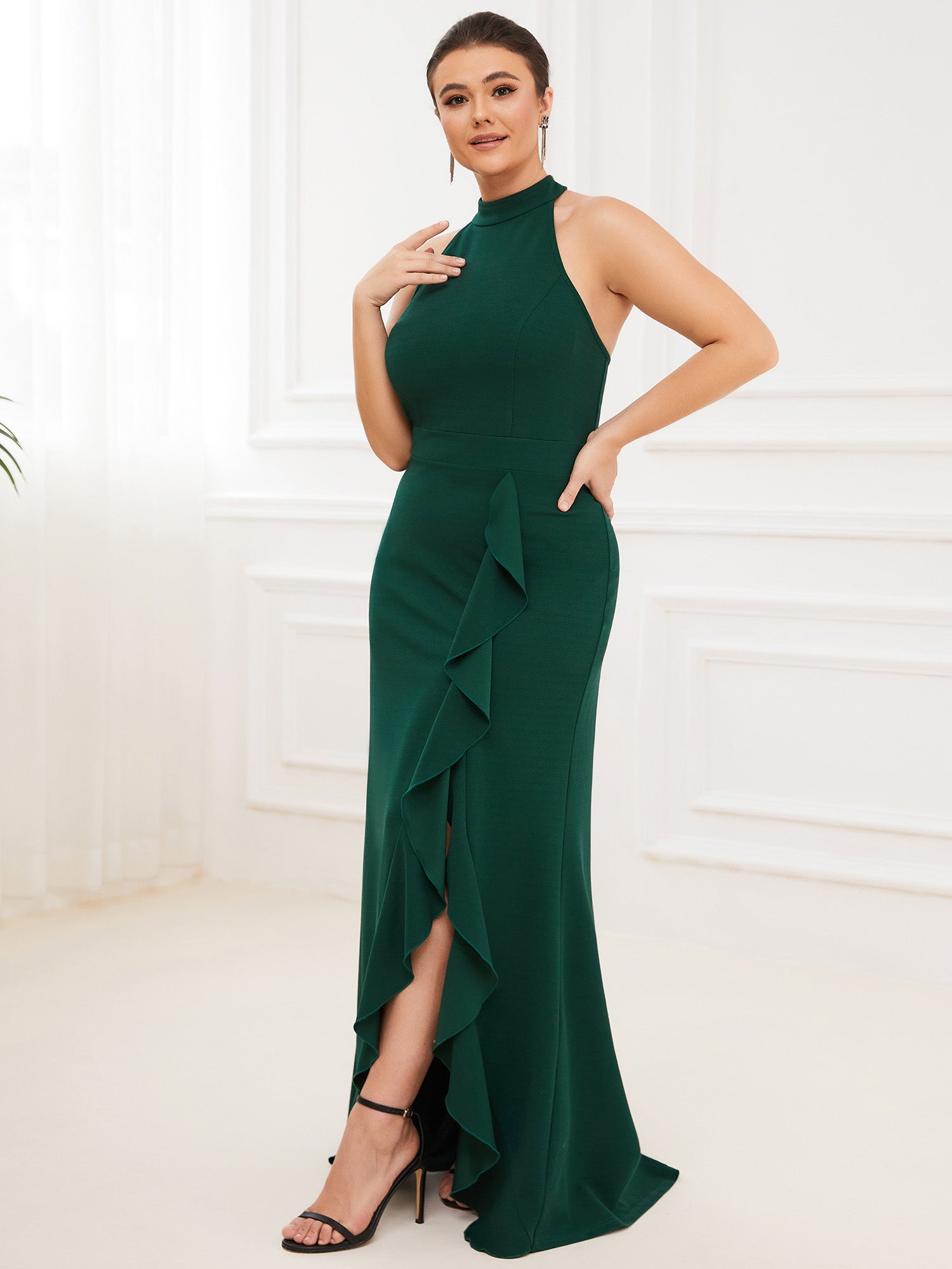 Color=Dark Green | Sleeveless Pencil Wholesale Evening Dresses with Halter Neck-Dark Green 4