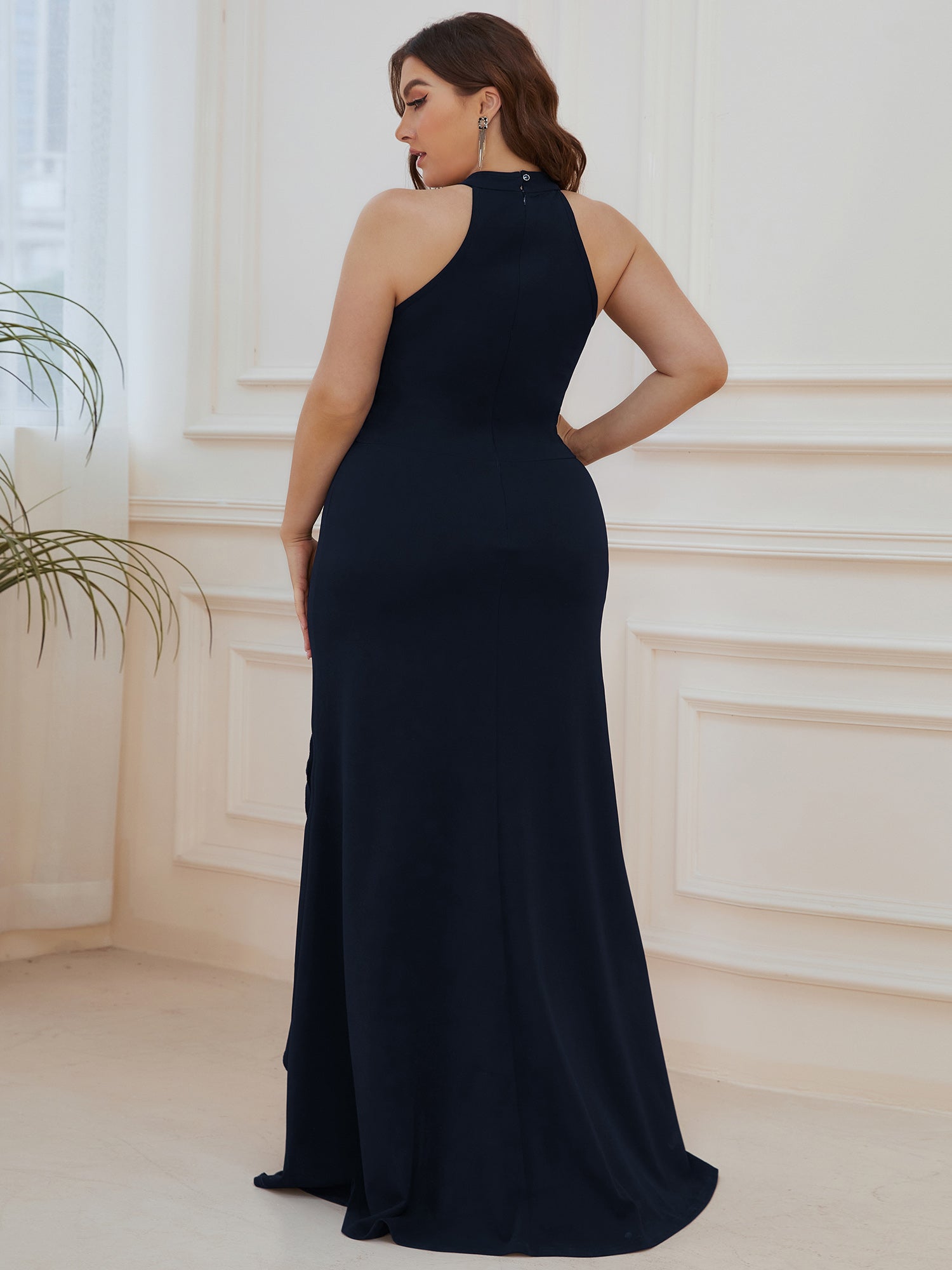 Color=Navy Blue | Sleeveless Pencil Wholesale Evening Dresses with Halter Neck-Navy Blue 2