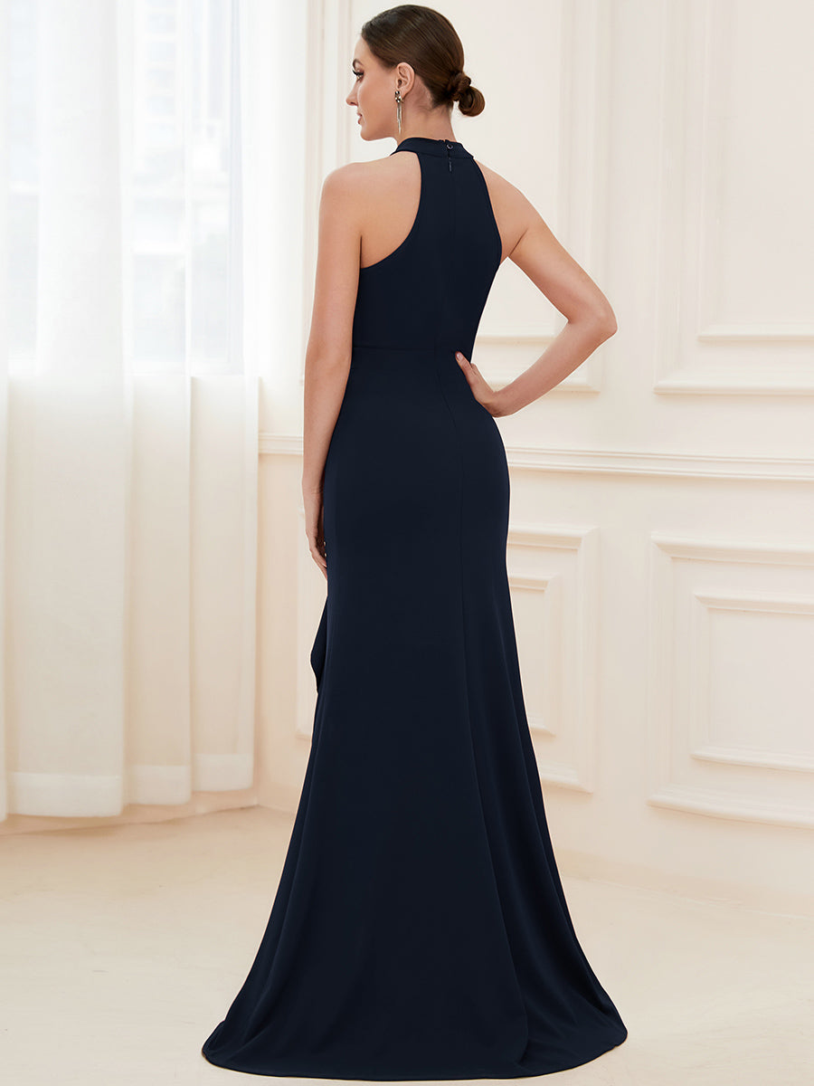 Color=Navy Blue | Sleeveless Pencil Wholesale Evening Dresses with Halter Neck-Navy Blue 2