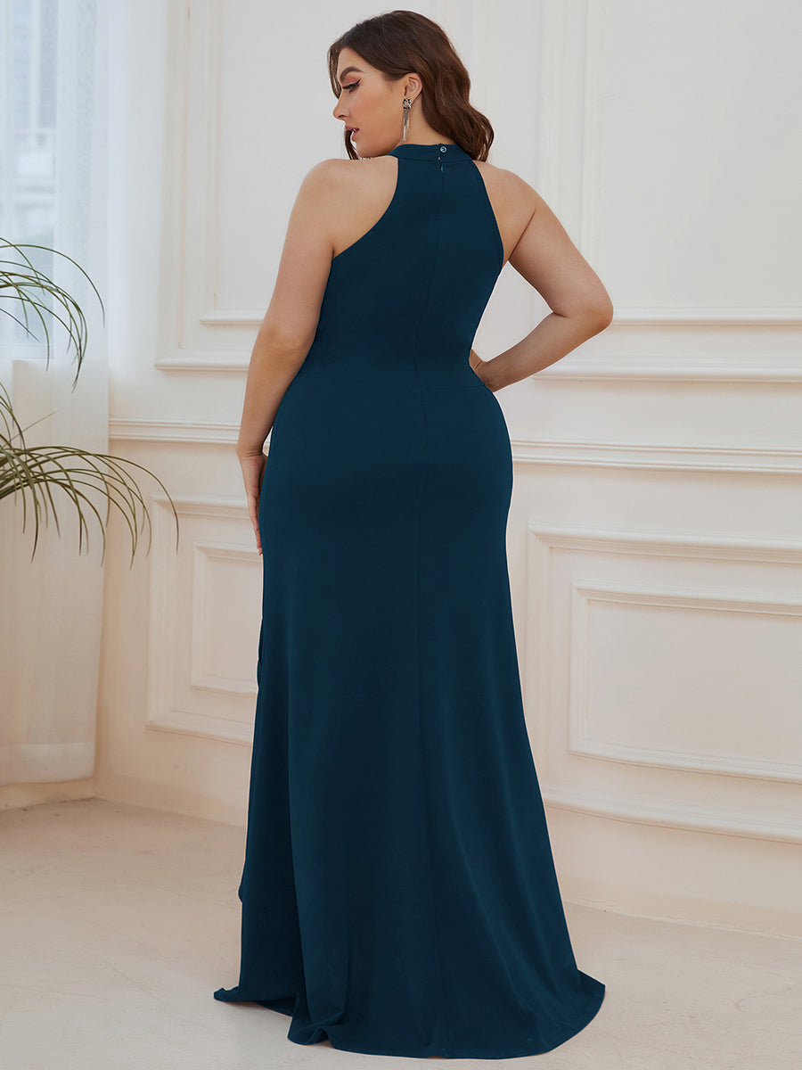 Color=Teal | Sleeveless Pencil Wholesale Evening Dresses with Halter Neck-Teal 2