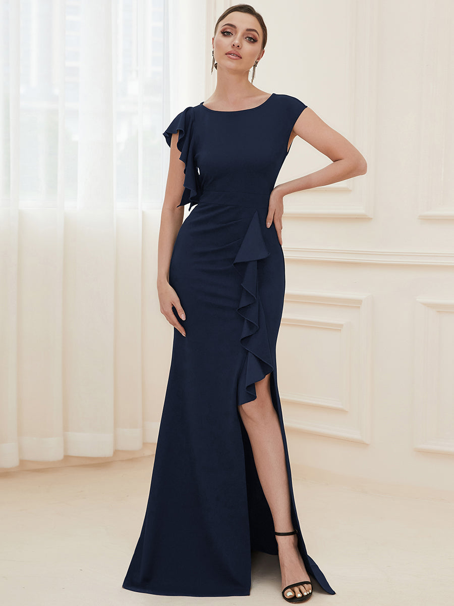 Color=Navy Blue | U Neck A Line Split Wholesale Evening Dresses with Cover Sleeves-Navy Blue 5