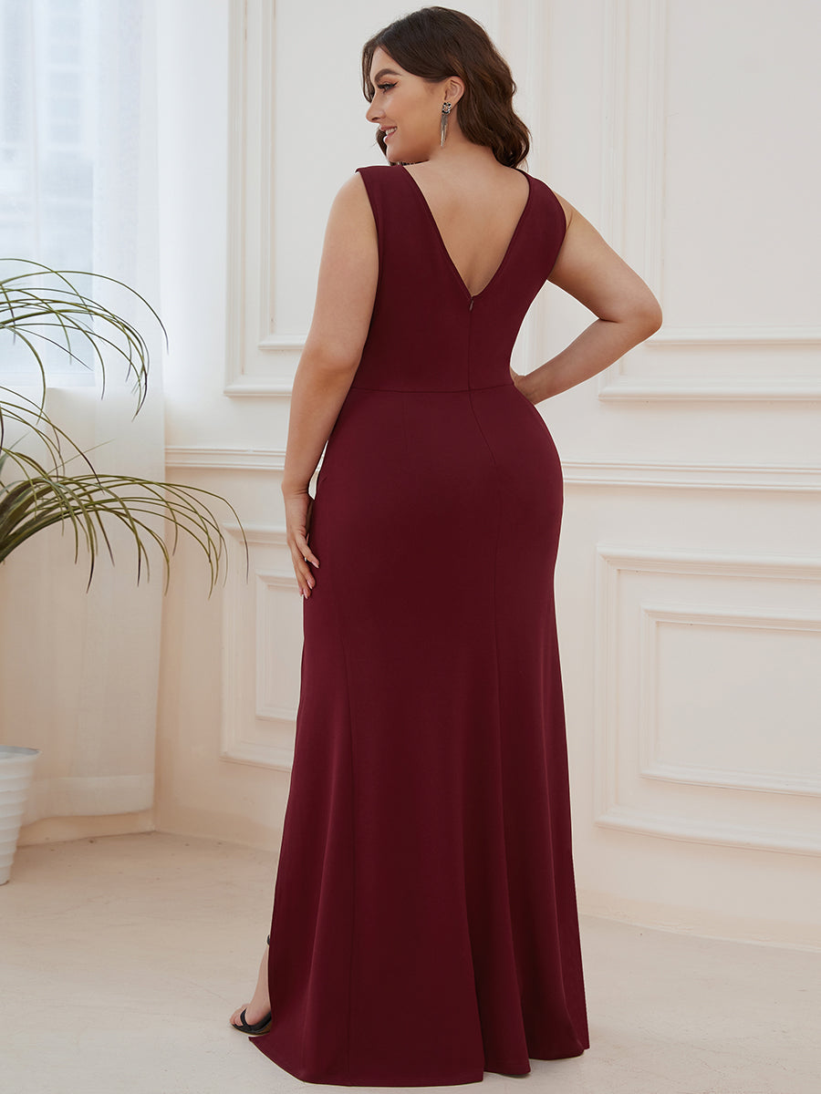 Color=Burgundy | Sleeveless Pencil Split Wholesale Evening Dresses with Deep V Neck-Burgundy 4