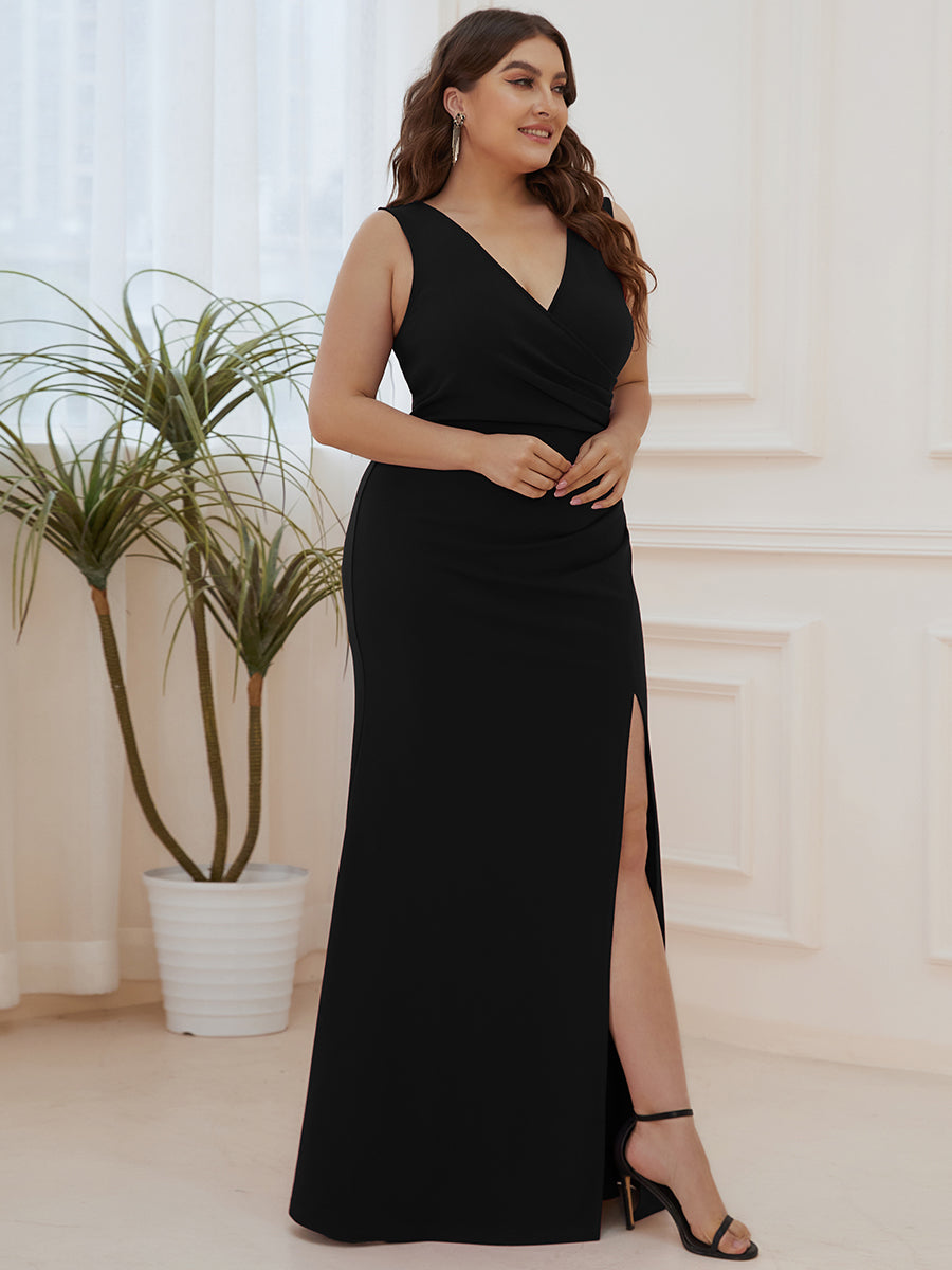 Color=Black | Sleeveless Pencil Split Wholesale Evening Dresses with Deep V Neck-Black 4