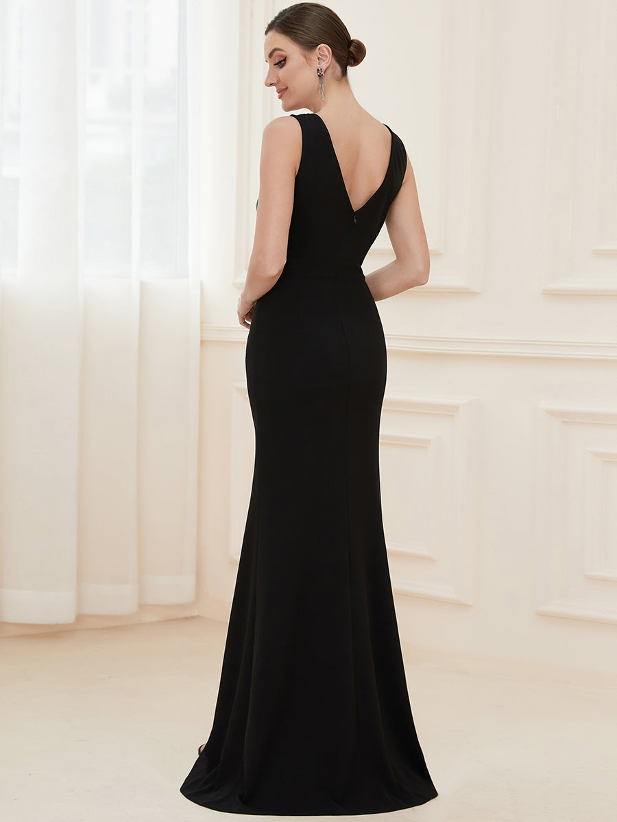 Color=Black | Sleeveless Pencil Split Wholesale Evening Dresses with Deep V Neck-Black 2