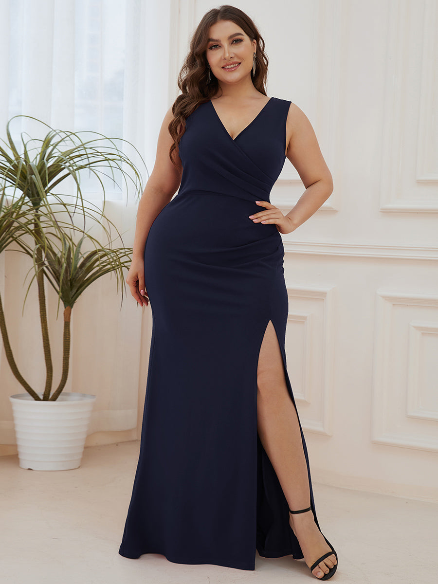 Color=Navy Blue | Sleeveless Pencil Split Wholesale Evening Dresses with Deep V Neck-Navy Blue 3