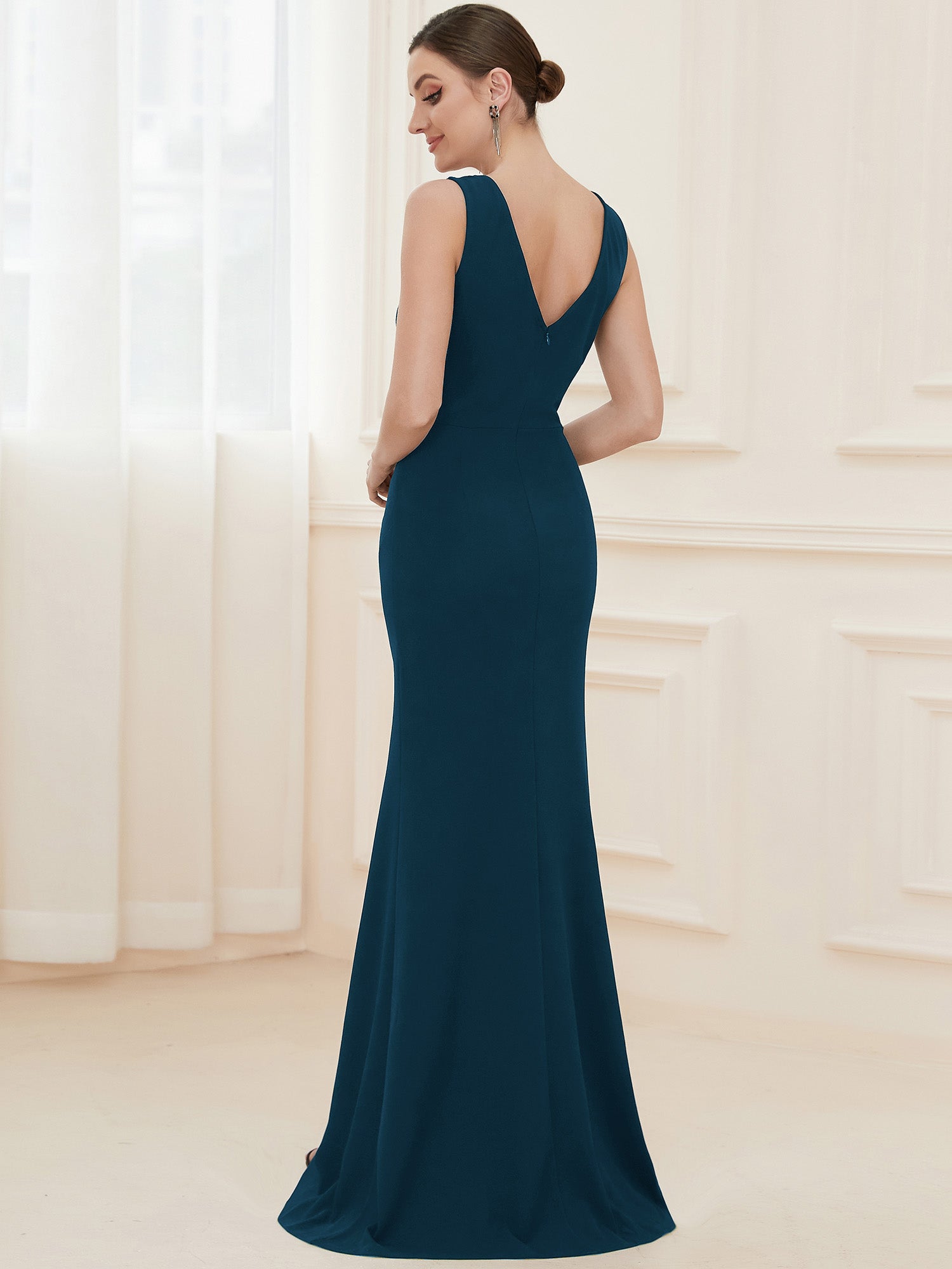Color=Teal | Sleeveless Pencil Split Wholesale Evening Dresses with Deep V Neck-Teal 2