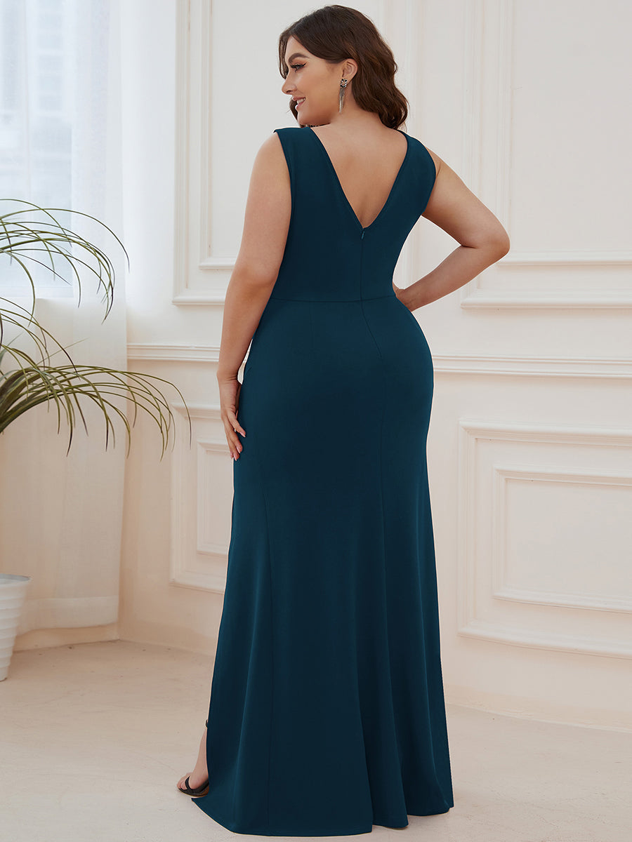 Color=Teal | Sleeveless Pencil Split Wholesale Evening Dresses with Deep V Neck-Teal 2