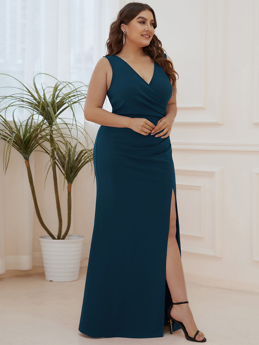 Color=Teal | Sleeveless Pencil Split Wholesale Evening Dresses with Deep V Neck-Teal 3