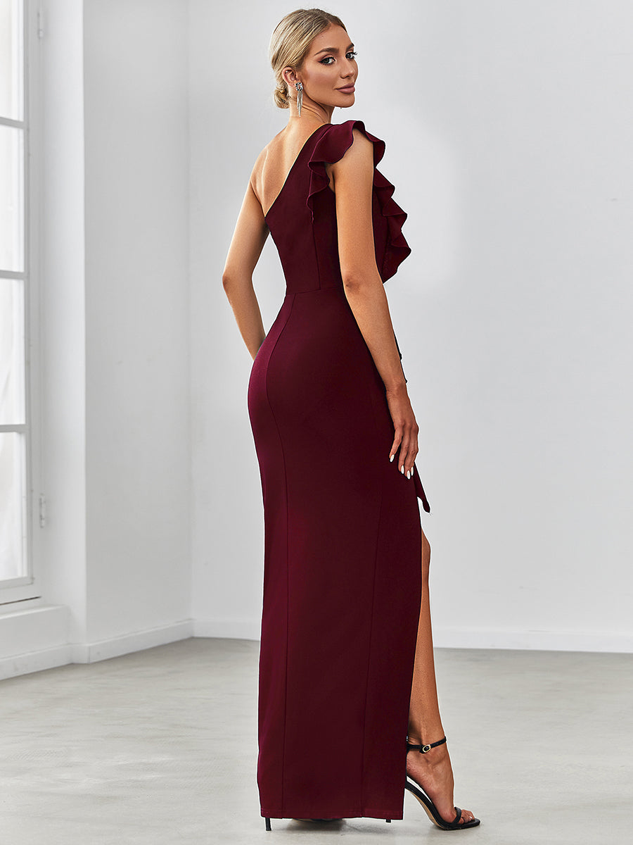 Color=Burgundy | Sleeveless Asymmetric Shoulders Pencil Wholesale Evening Dresses-Burgundy 2