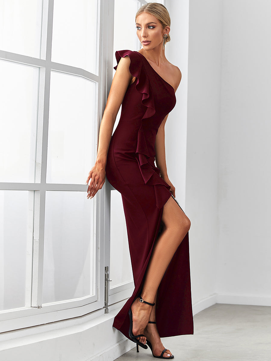 Color=Burgundy | Sleeveless Asymmetric Shoulders Pencil Wholesale Evening Dresses-Burgundy 3