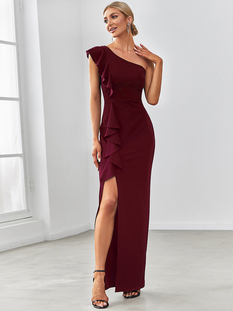 Color=Burgundy | Sleeveless Asymmetric Shoulders Pencil Wholesale Evening Dresses-Burgundy 1