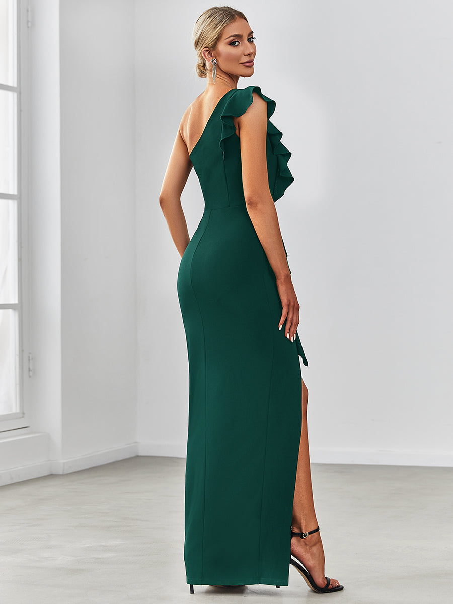 Color=Dark Green | Sleeveless Asymmetric Shoulders Pencil Wholesale Evening Dresses-Dark Green 2