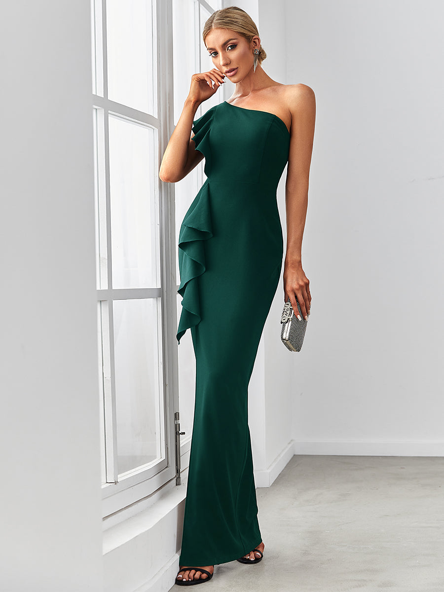 Color=Dark Green | Sleeveless Asymmetric Shoulders Pencil Wholesale Evening Dresses-Dark Green 4