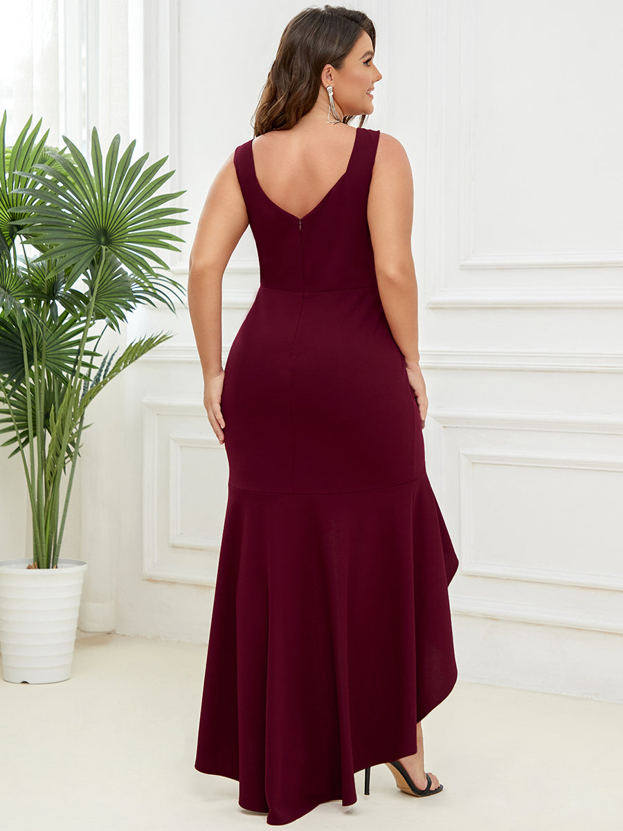 Color=Burgundy | Fishtail Asymmetrical Hem Deep V Neck Wholesale Evening Dresses-Burgundy 2