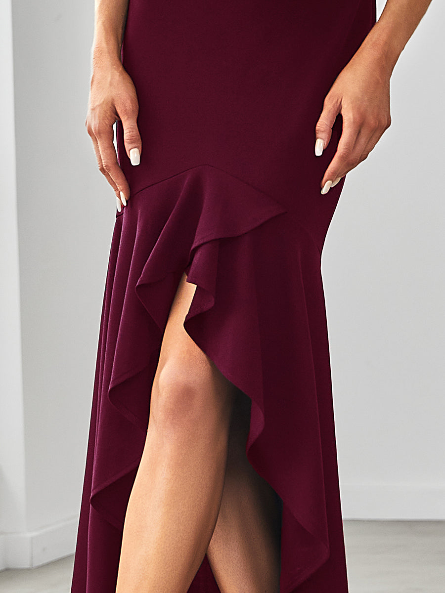 Color=Burgundy | Fishtail Asymmetrical Hem Deep V Neck Wholesale Evening Dresses-Burgundy 5