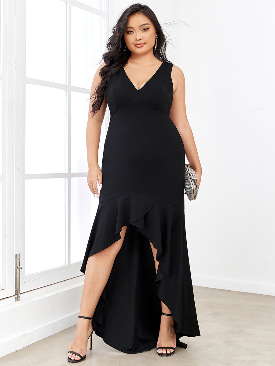 Color=Black | Fishtail Asymmetrical Hem Deep V Neck Wholesale Evening Dresses-Black 4