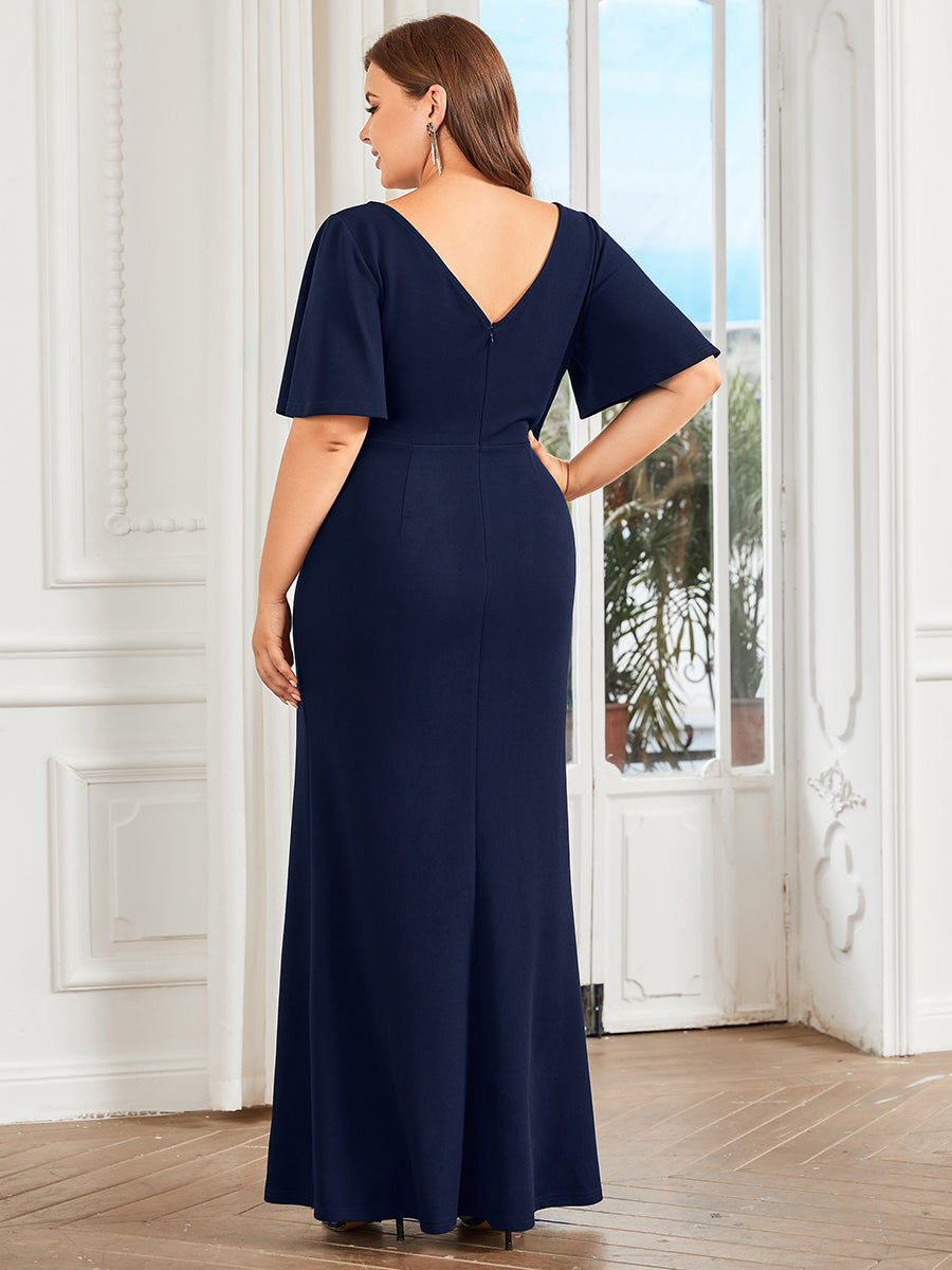 Color=Navy Blue | Fishtail Short Ruffles Sleeves Split Wholesale Evening Dresses-Navy Blue 3