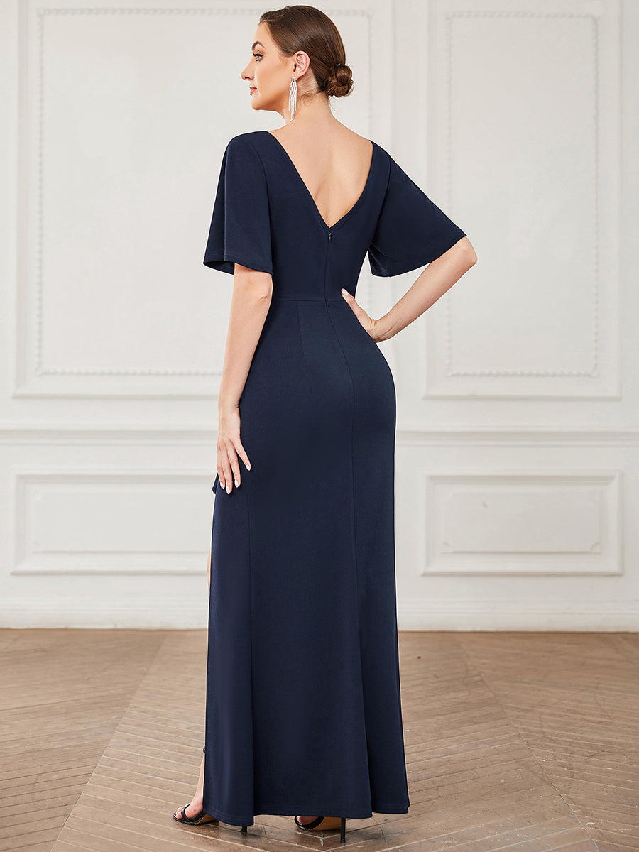 Color=Navy Blue | Fishtail Short Ruffles Sleeves Split Wholesale Evening Dresses-Navy Blue 3