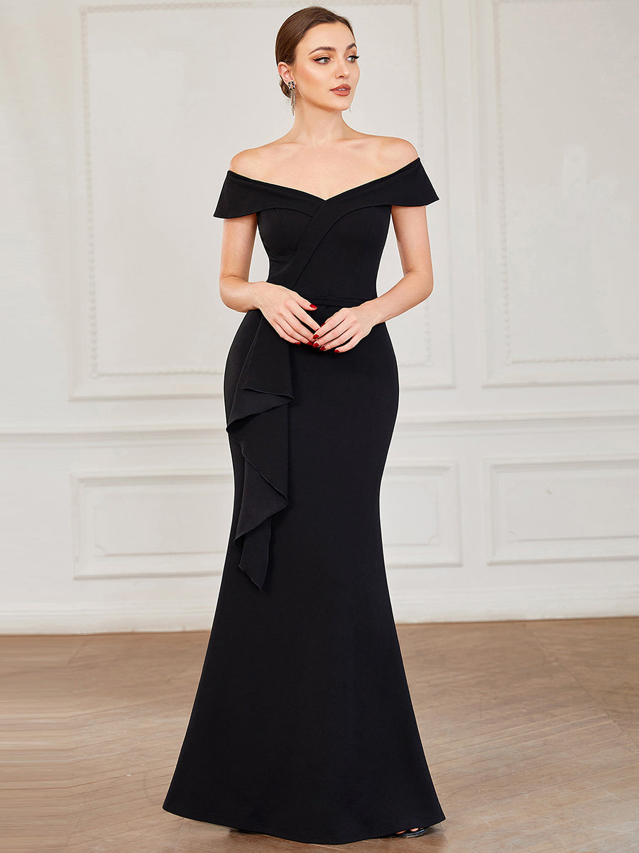 Color=Black | Off Shoulders A Line Floor Length Strapless Wholesale Evening Dresses-Black 1
