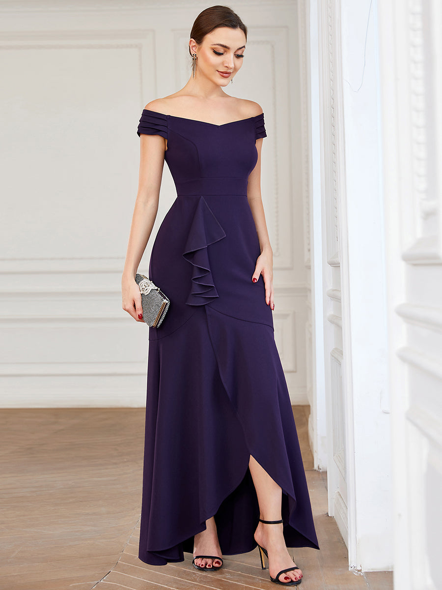 Color=Dark Purple | Off Shoulders Asymmetrical Hem A Line Wholesale Evening Dresses-Dark Purple 3