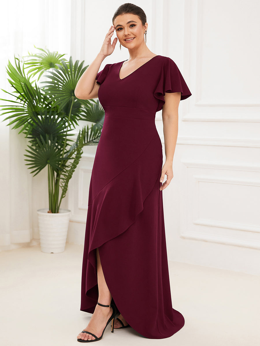Color=Burgundy | Deep V Neck Short Ruffles Sleeves Split Wholesale Evening Dresses-Burgundy 4