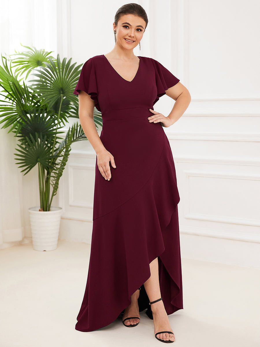 Color=Burgundy | Deep V Neck Short Ruffles Sleeves Split Wholesale Evening Dresses-Burgundy 1