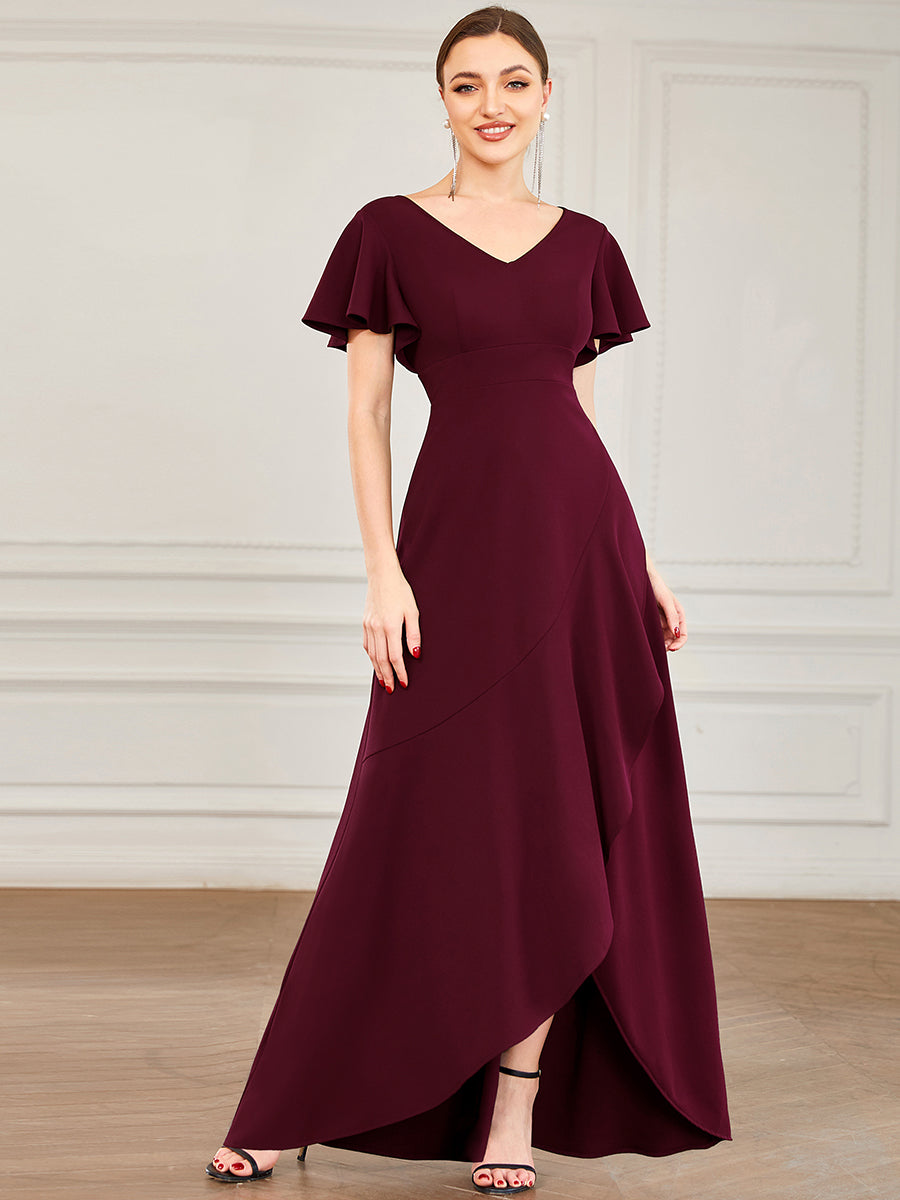 Color=Burgundy | Deep V Neck Short Ruffles Sleeves Split Wholesale Evening Dresses-Burgundy 4
