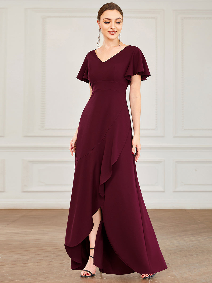 Color=Burgundy | Deep V Neck Short Ruffles Sleeves Split Wholesale Evening Dresses-Burgundy 1