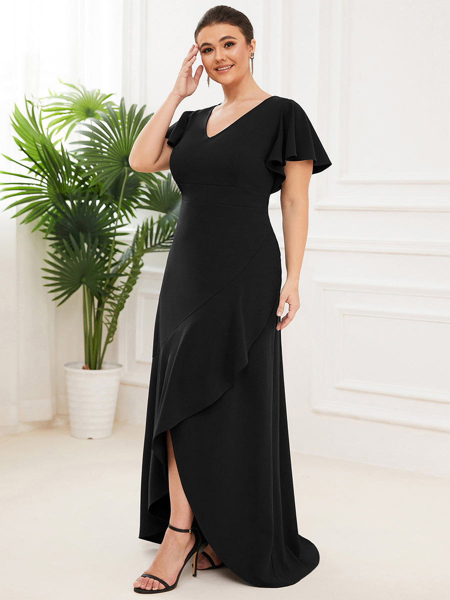 Color=Black | Deep V Neck Short Ruffles Sleeves Split Wholesale Evening Dresses-Black 4