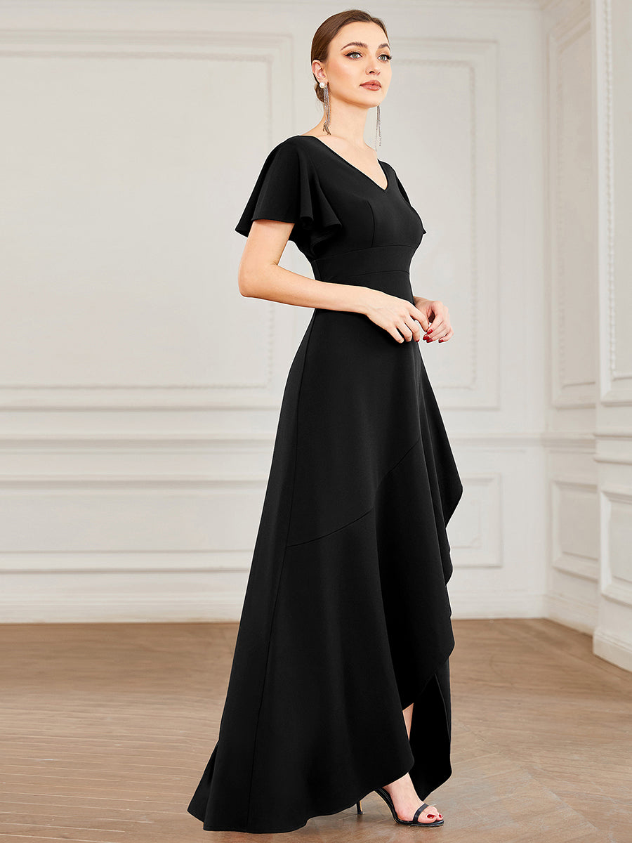Color=Black | Deep V Neck Short Ruffles Sleeves Split Wholesale Evening Dresses-Black 3