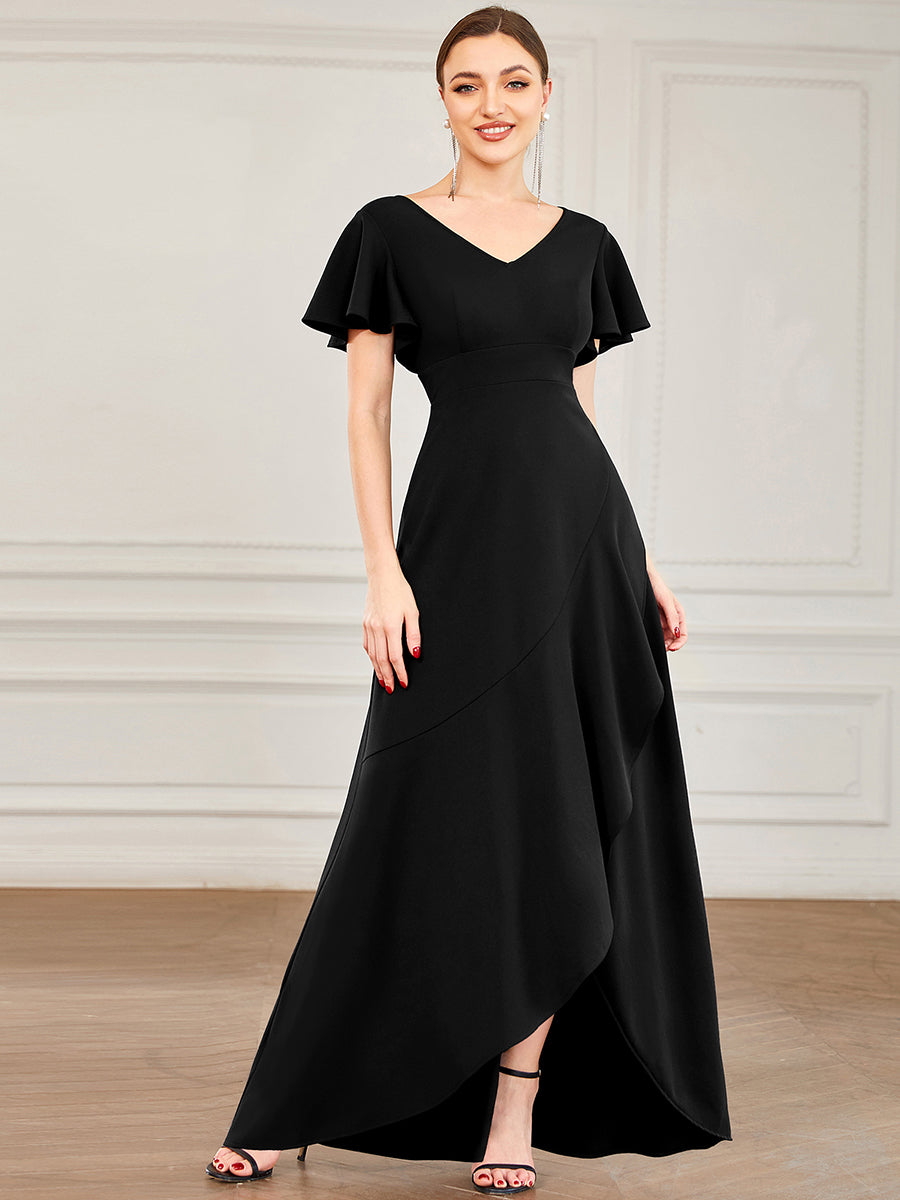 Color=Black | Deep V Neck Short Ruffles Sleeves Split Wholesale Evening Dresses-Black 4
