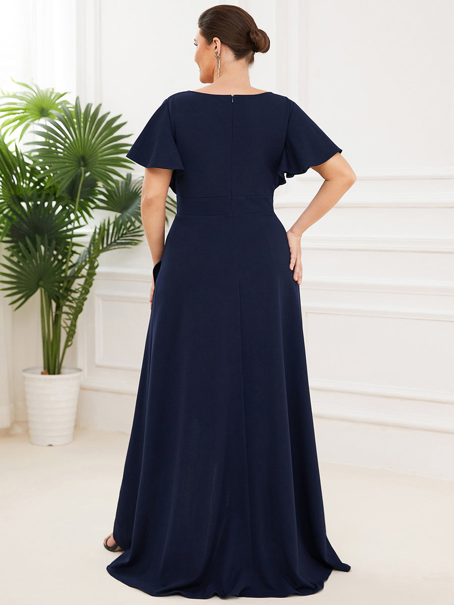 Color=Navy Blue | Deep V Neck Short Ruffles Sleeves Split Wholesale Evening Dresses-Navy Blue 2