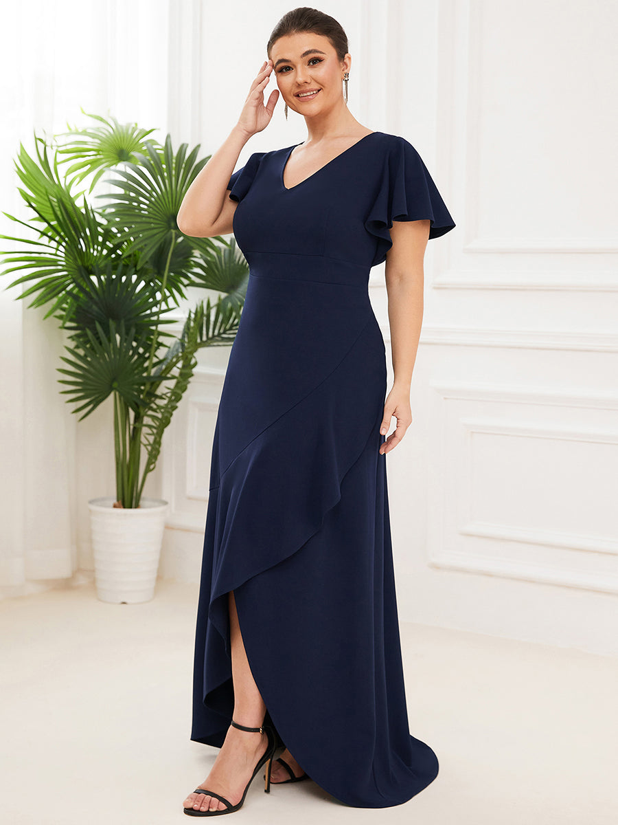 Color=Navy Blue | Deep V Neck Short Ruffles Sleeves Split Wholesale Evening Dresses-Navy Blue 4