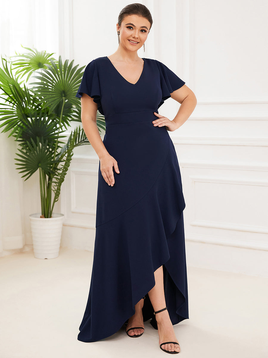 Color=Navy Blue | Deep V Neck Short Ruffles Sleeves Split Wholesale Evening Dresses-Navy Blue 1