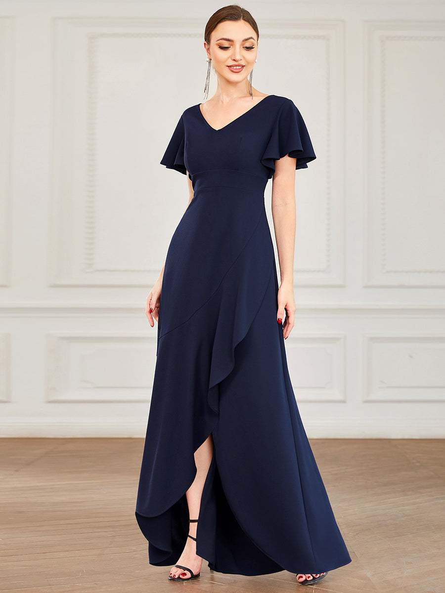 Color=Navy Blue | Deep V Neck Short Ruffles Sleeves Split Wholesale Evening Dresses-Navy Blue 1