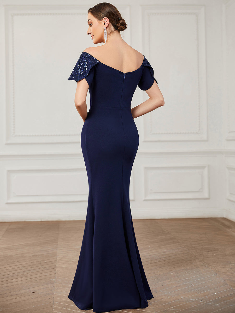 Color=Navy Blue | Classy Off Shoulders Short Sleeves Fishtail Wholesale Evening Dresses-Navy Blue 2